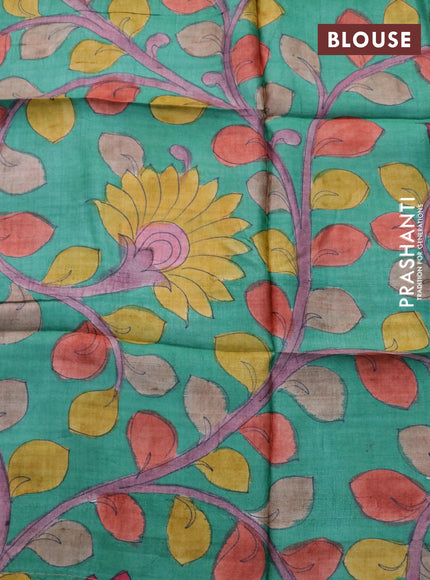 Mangalgiri silk cotton saree pink and green with plain body and silver zari woven border & hand painted kalamkari blouse