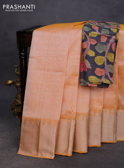 Mangalgiri silk cotton saree pale orange and elephant grey with plain body and silver zari woven border & hand painted kalamkari blouse