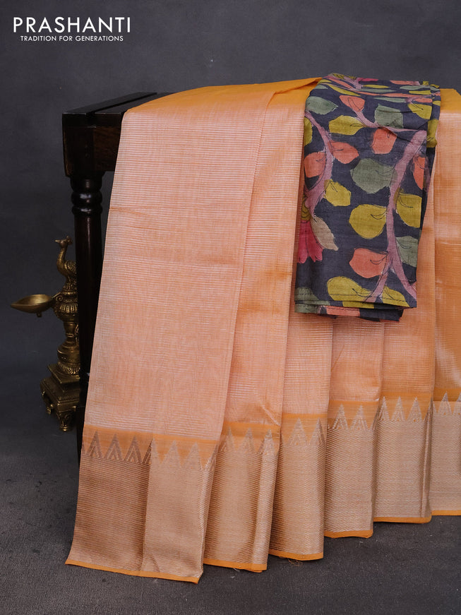 Mangalgiri silk cotton saree pale orange and elephant grey with plain body and silver zari woven border & hand painted kalamkari blouse