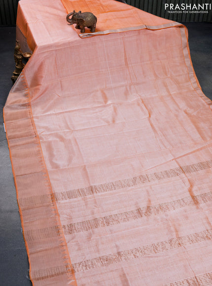 Mangalgiri silk cotton saree pale orange and elephant grey with plain body and silver zari woven border & hand painted kalamkari blouse