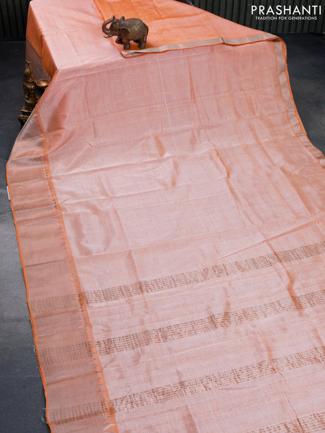 Mangalgiri silk cotton saree pale orange and elephant grey with plain body and silver zari woven border & hand painted kalamkari blouse