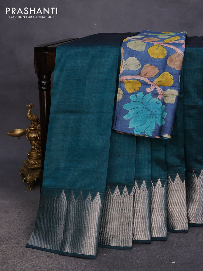 Mangalgiri silk cotton saree peacock green and blue with plain body and silver zari woven border & hand painted kalamkari blouse