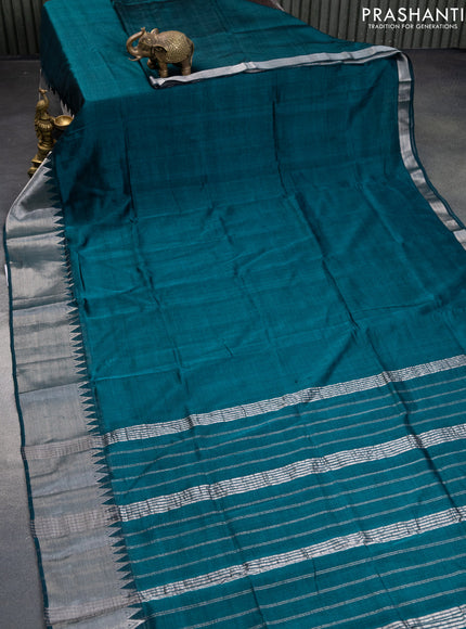 Mangalgiri silk cotton saree peacock green and blue with plain body and silver zari woven border & hand painted kalamkari blouse