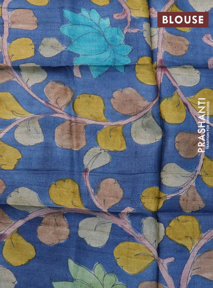 Mangalgiri silk cotton saree peacock green and blue with plain body and silver zari woven border & hand painted kalamkari blouse