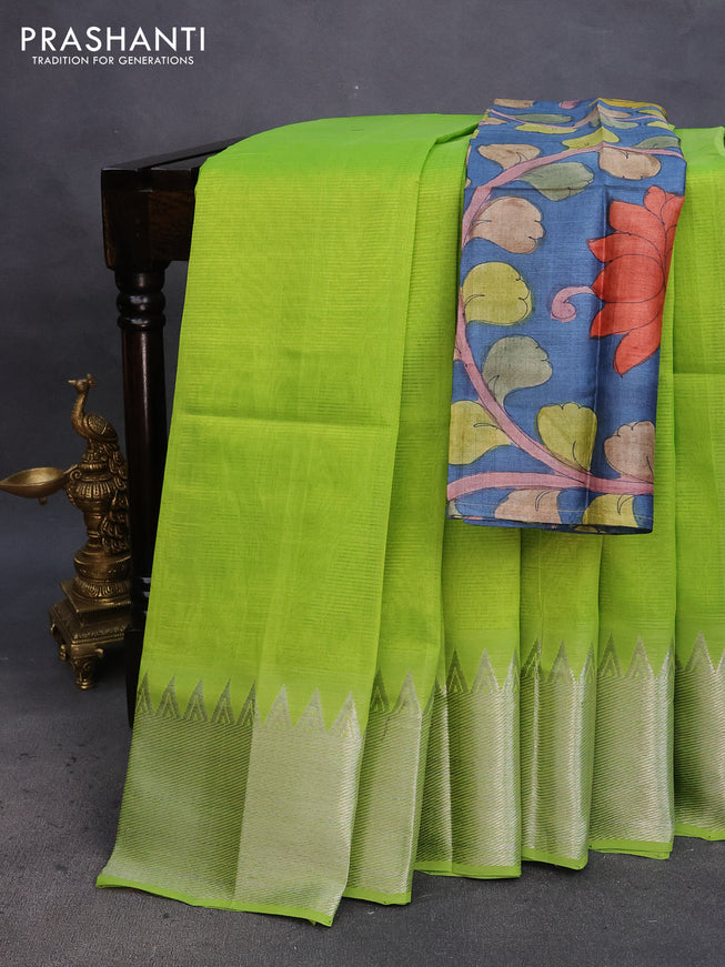 Mangalgiri silk cotton saree light green and blue with plain body and silver zari woven border & hand painted kalamkari blouse