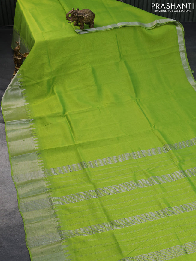 Mangalgiri silk cotton saree light green and blue with plain body and silver zari woven border & hand painted kalamkari blouse