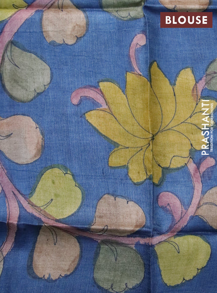 Mangalgiri silk cotton saree light green and blue with plain body and silver zari woven border & hand painted kalamkari blouse