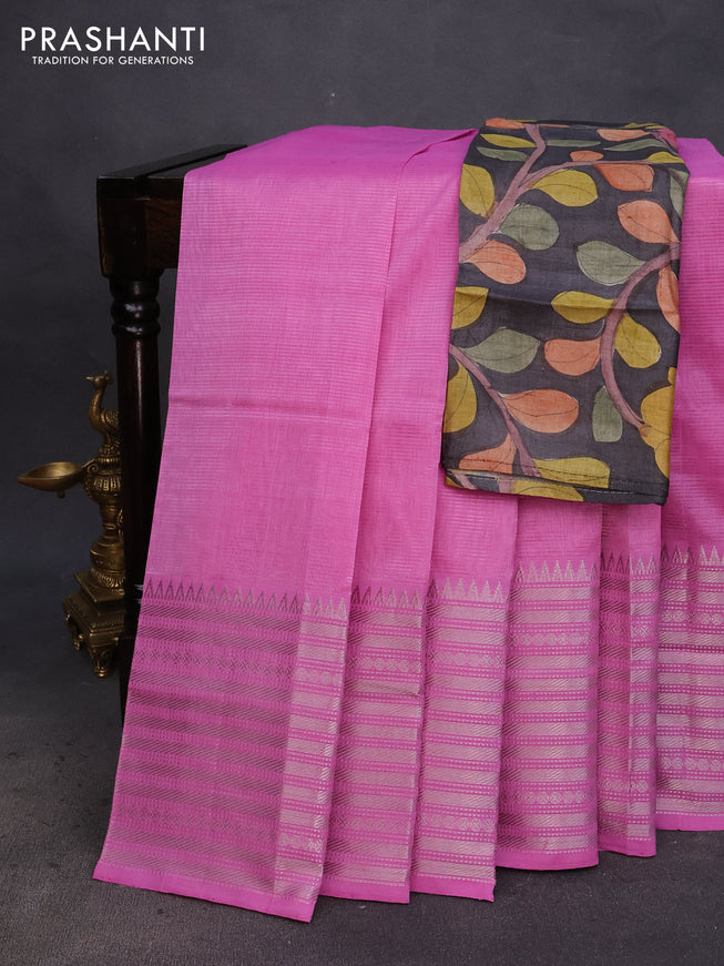 Mangalgiri silk cotton saree light pink and elephant grey with plain body and silver zari woven border & hand painted kalamkari blouse