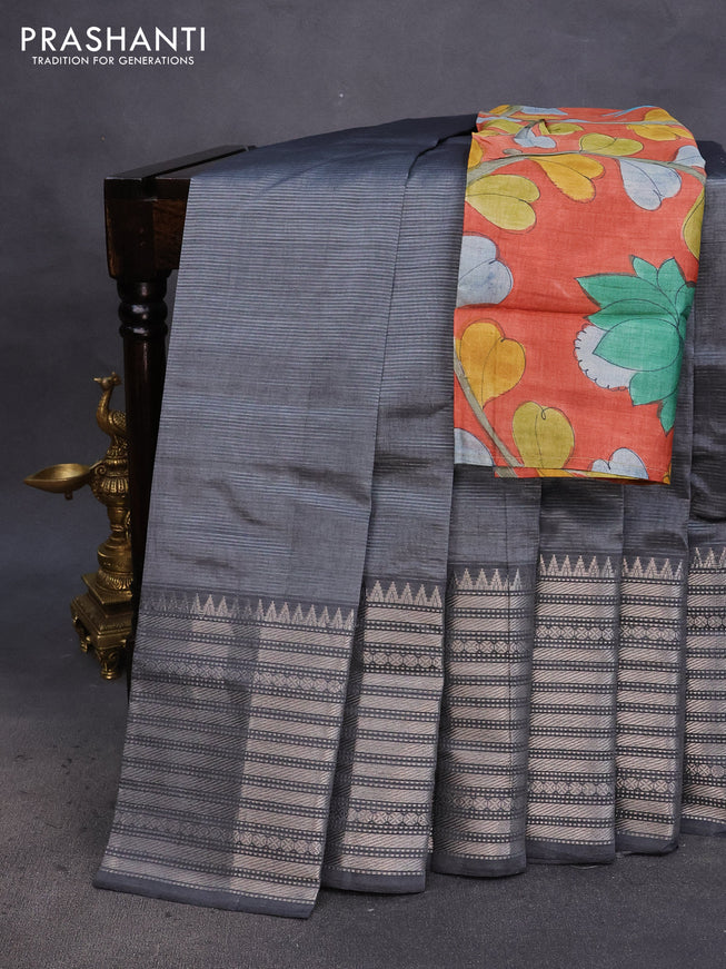 Mangalgiri silk cotton saree grey and rustic orange with plain body and silver zari woven border & hand painted kalamkari blouse