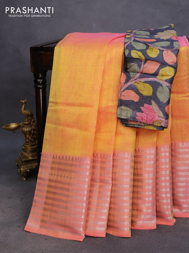 Mangalgiri silk cotton saree dual shade of yellowish pink and elephant grey with plain body and silver zari woven border & hand painted kalamkari blouse