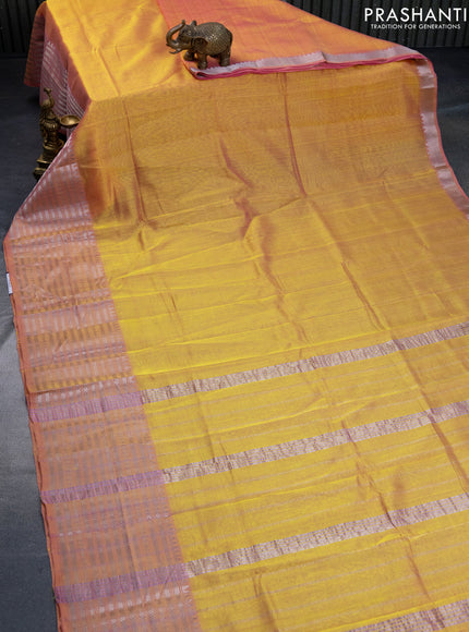 Mangalgiri silk cotton saree dual shade of yellowish pink and elephant grey with plain body and silver zari woven border & hand painted kalamkari blouse