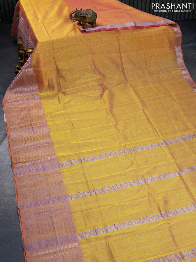 Mangalgiri silk cotton saree dual shade of yellowish pink and elephant grey with plain body and silver zari woven border & hand painted kalamkari blouse