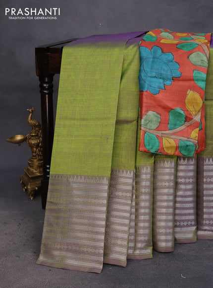 Mangalgiri silk cotton saree dual shade of light green and orange with plain body and silver zari woven border & hand painted kalamkari blouse