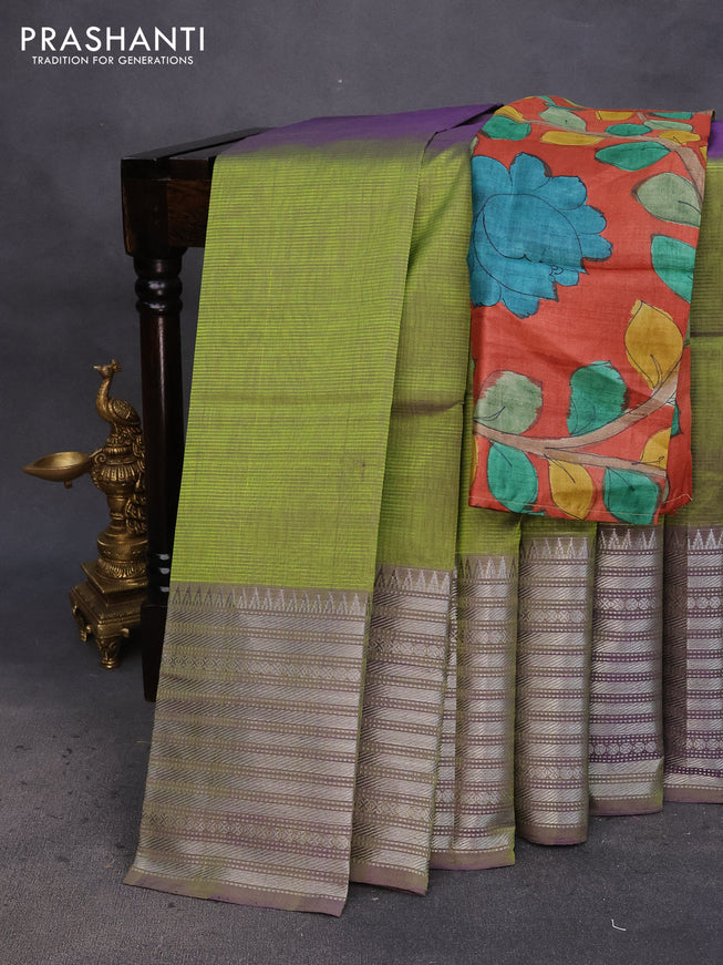 Mangalgiri silk cotton saree dual shade of light green and orange with plain body and silver zari woven border & hand painted kalamkari blouse