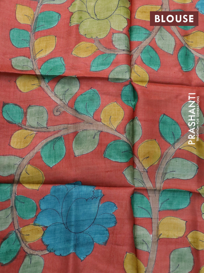 Mangalgiri silk cotton saree dual shade of light green and orange with plain body and silver zari woven border & hand painted kalamkari blouse