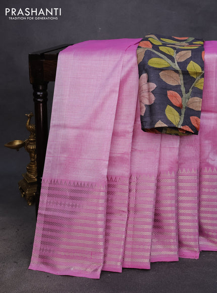 Mangalgiri silk cotton saree light pink and elephant grey with plain body and silver zari woven border & hand painted kalamkari blouse