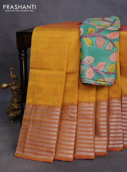 Mangalgiri silk cotton saree dual shade of mustard and green with plain body and silver zari woven border & hand painted kalamkari blouse