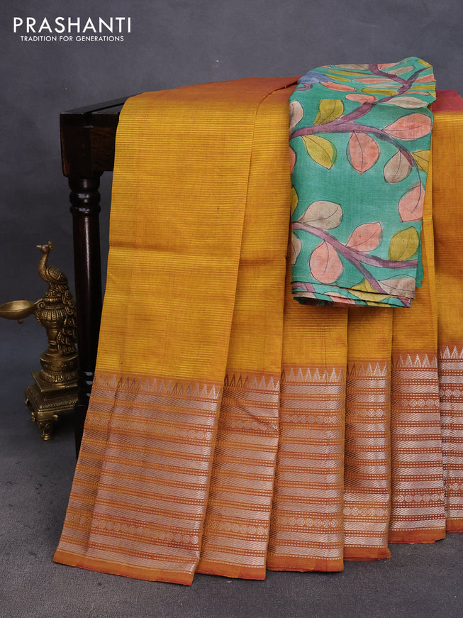 Mangalgiri silk cotton saree dual shade of mustard and green with plain body and silver zari woven border & hand painted kalamkari blouse