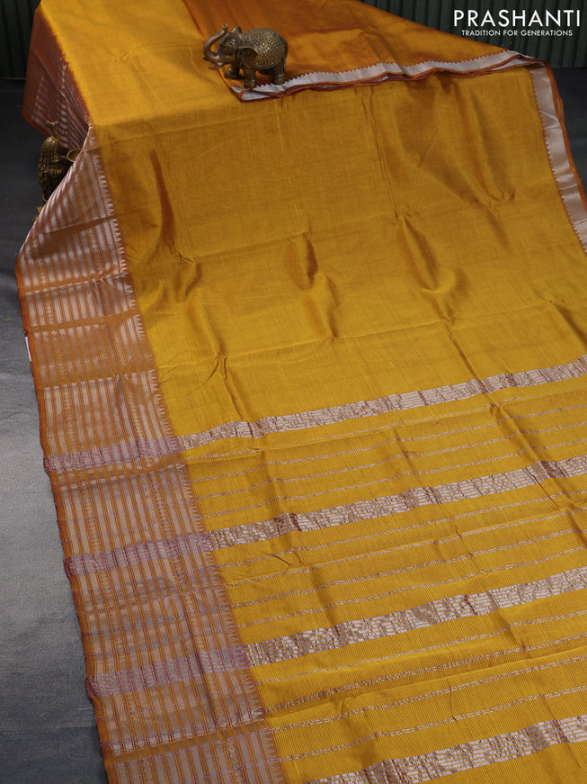 Mangalgiri silk cotton saree dual shade of mustard and green with plain body and silver zari woven border & hand painted kalamkari blouse