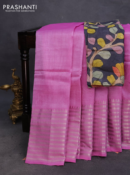 Mangalgiri silk cotton saree lotus pink and elephant grey with plain body and silver zari woven border & hand painted kalamkari blouse