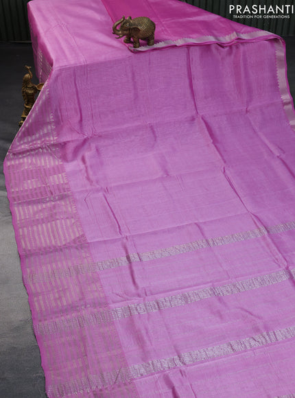 Mangalgiri silk cotton saree lotus pink and elephant grey with plain body and silver zari woven border & hand painted kalamkari blouse