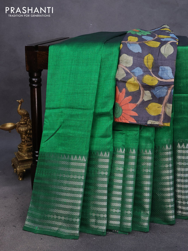 Mangalgiri silk cotton saree green and elephant grey with plain body and silver zari woven border & hand painted kalamkari blouse