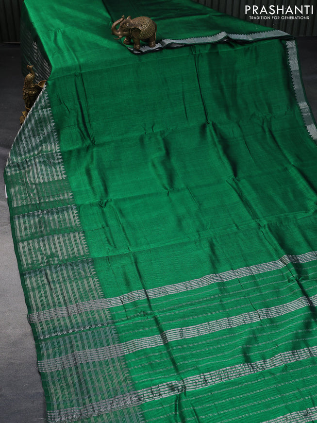 Mangalgiri silk cotton saree green and elephant grey with plain body and silver zari woven border & hand painted kalamkari blouse