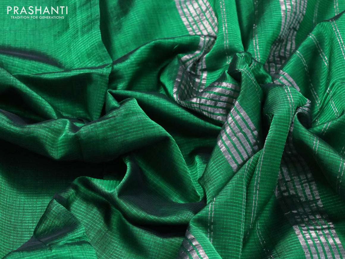 Mangalgiri silk cotton saree green and elephant grey with plain body and silver zari woven border & hand painted kalamkari blouse