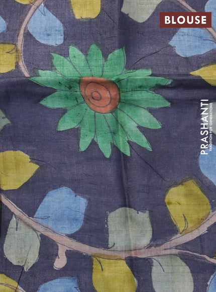 Mangalgiri silk cotton saree green and elephant grey with plain body and silver zari woven border & hand painted kalamkari blouse