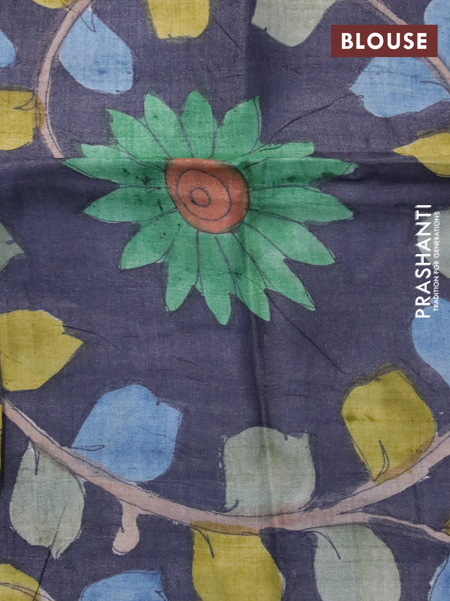 Mangalgiri silk cotton saree green and elephant grey with plain body and silver zari woven border & hand painted kalamkari blouse