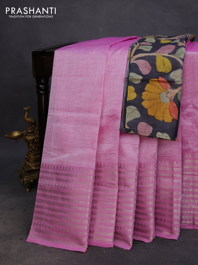 Mangalgiri silk cotton saree lotus pink and elephant grey with plain body and silver zari woven border & hand painted kalamkari blouse