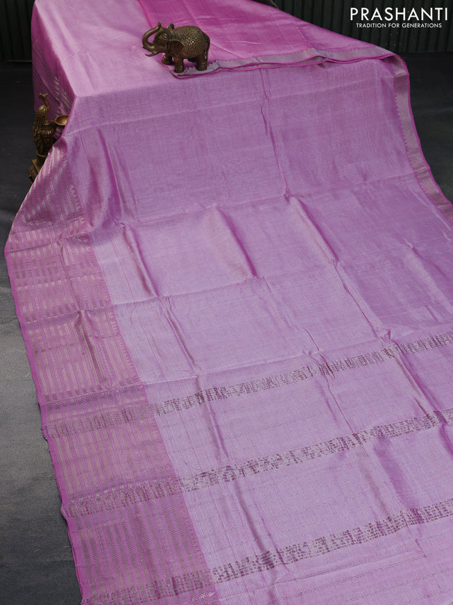 Mangalgiri silk cotton saree lotus pink and elephant grey with plain body and silver zari woven border & hand painted kalamkari blouse