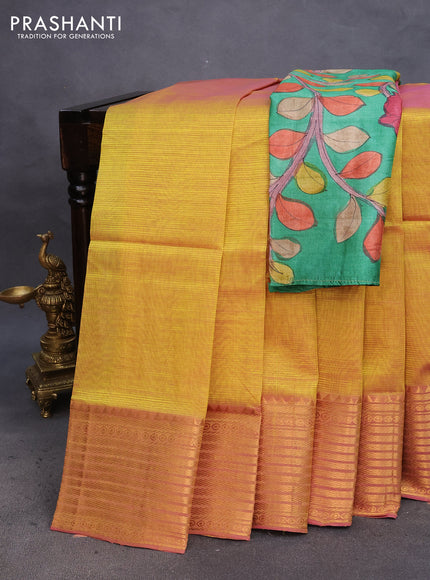 Mangalgiri silk cotton saree dual shade of yellowish pink and green with plain body and zari woven border & hand painted kalamkari blouse