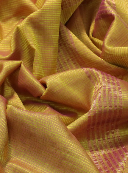 Mangalgiri silk cotton saree dual shade of yellowish pink and green with plain body and zari woven border & hand painted kalamkari blouse