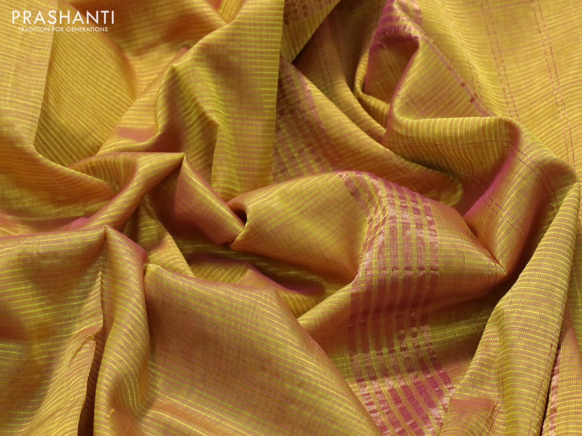 Mangalgiri silk cotton saree dual shade of yellowish pink and green with plain body and zari woven border & hand painted kalamkari blouse