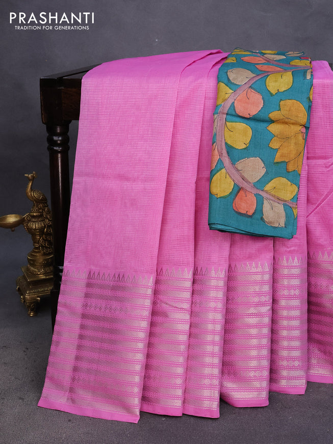 Mangalgiri silk cotton saree light pink and teal blue with plain body and silver zari woven border & hand painted kalamkari blouse