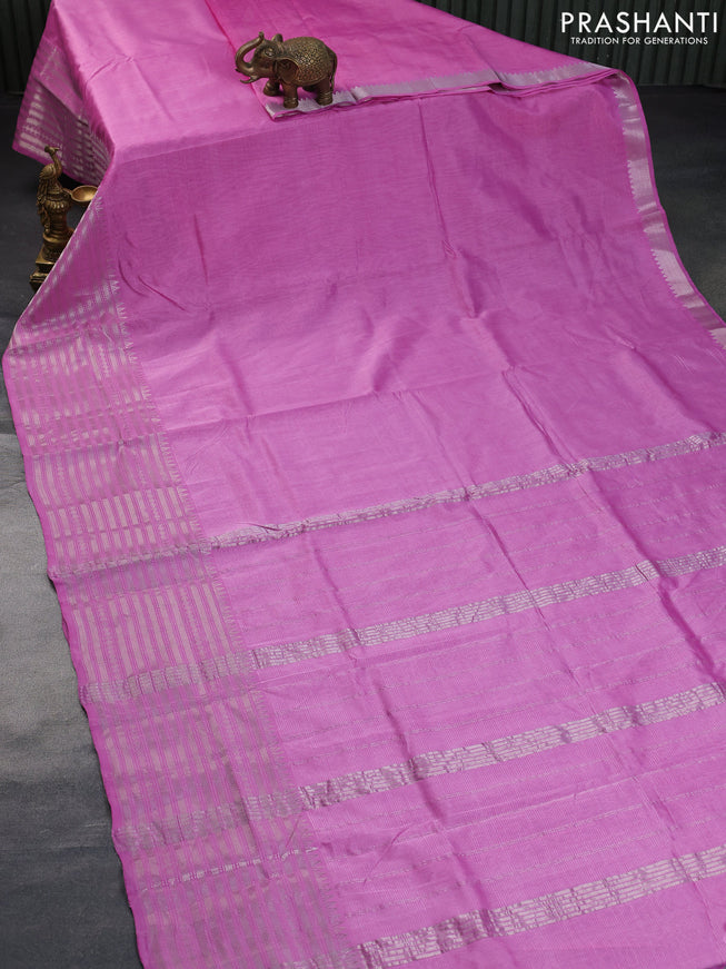 Mangalgiri silk cotton saree light pink and teal blue with plain body and silver zari woven border & hand painted kalamkari blouse