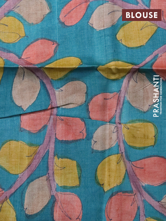 Mangalgiri silk cotton saree light pink and teal blue with plain body and silver zari woven border & hand painted kalamkari blouse