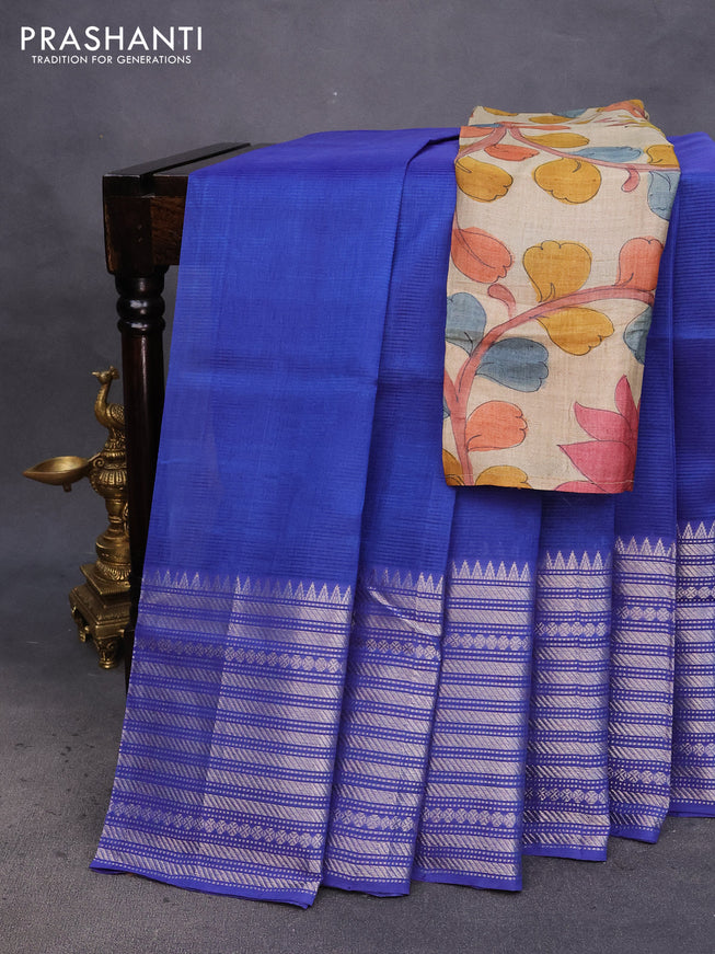 Mangalgiri silk cotton saree blue and cream with plain body and silver zari woven border & hand painted kalamkari blouse