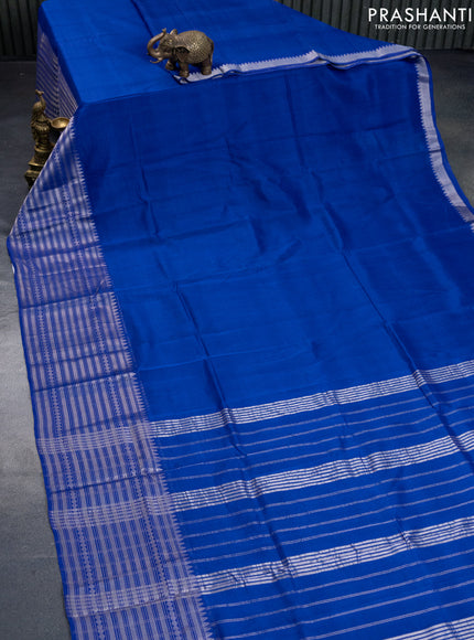 Mangalgiri silk cotton saree blue and cream with plain body and silver zari woven border & hand painted kalamkari blouse