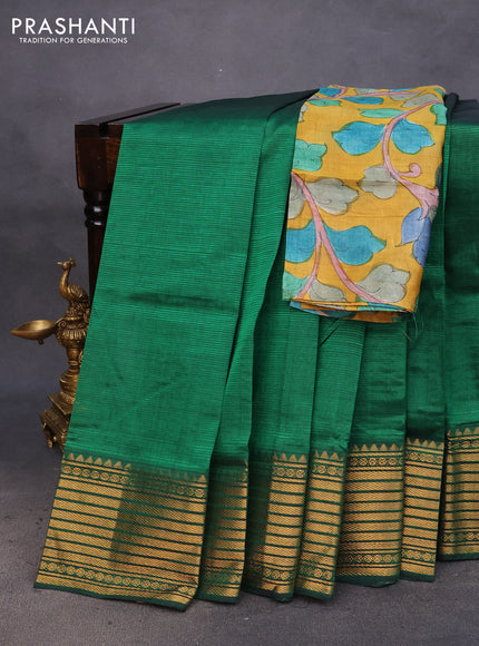 Mangalgiri silk cotton saree green and mustard yellow with plain body and zari woven border & hand painted kalamkari blouse