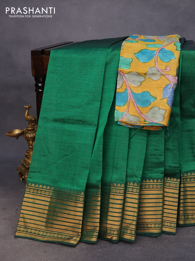 Mangalgiri silk cotton saree green and mustard yellow with plain body and zari woven border & hand painted kalamkari blouse