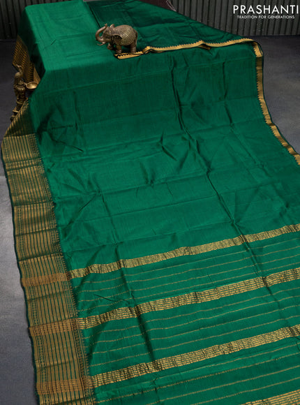 Mangalgiri silk cotton saree green and mustard yellow with plain body and zari woven border & hand painted kalamkari blouse