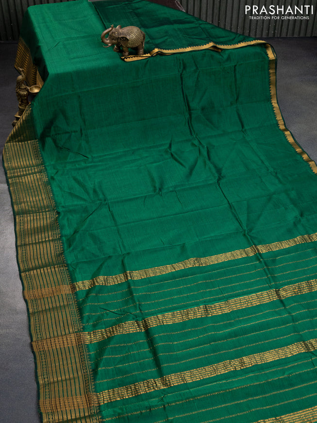 Mangalgiri silk cotton saree green and mustard yellow with plain body and zari woven border & hand painted kalamkari blouse