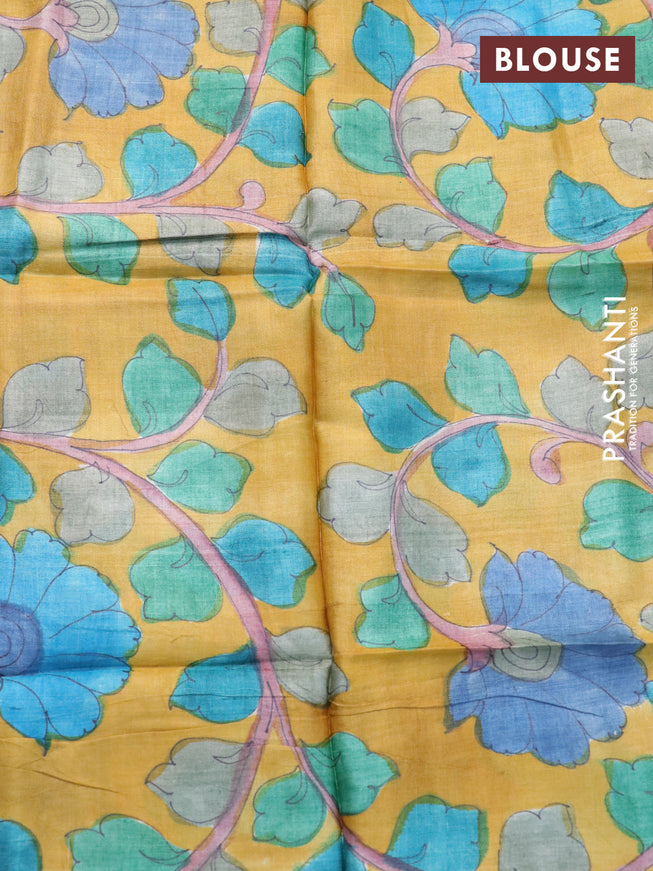 Mangalgiri silk cotton saree green and mustard yellow with plain body and zari woven border & hand painted kalamkari blouse