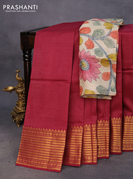 Mangalgiri silk cotton saree maroon and beige with plain body and zari woven border & hand painted kalamkari blouse