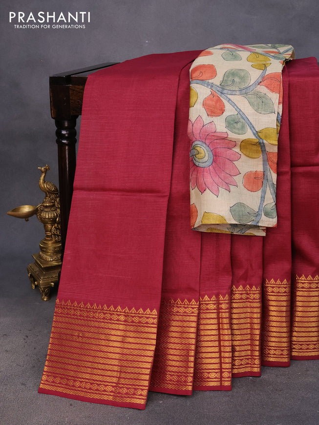 Mangalgiri silk cotton saree maroon and beige with plain body and zari woven border & hand painted kalamkari blouse