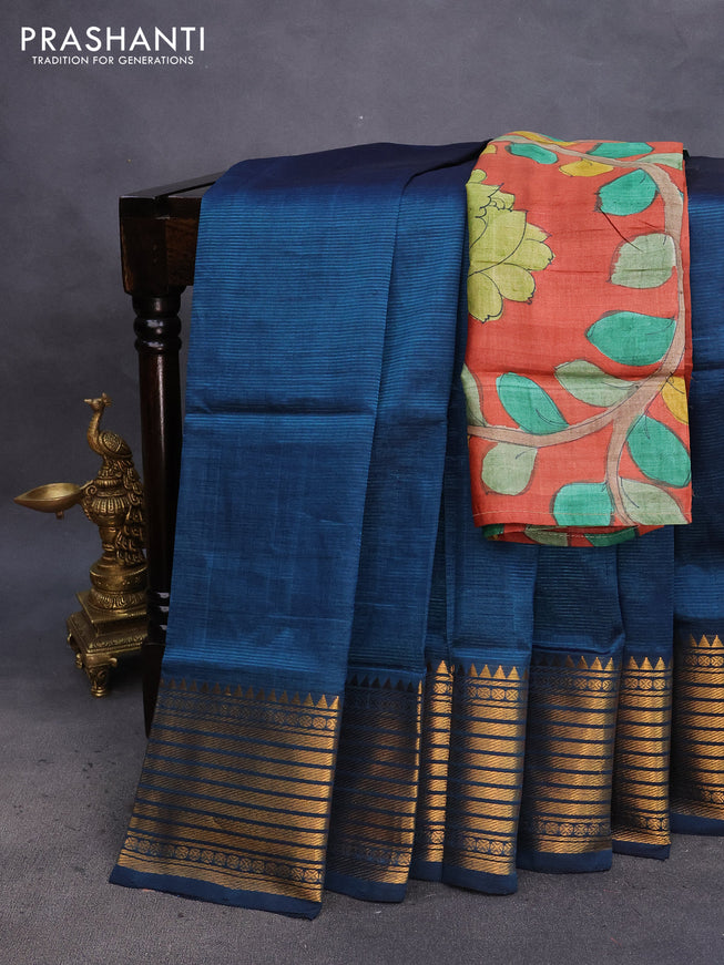 Mangalgiri silk cotton saree peacock blue and rustic orange with plain body and zari woven border & hand painted kalamkari blouse