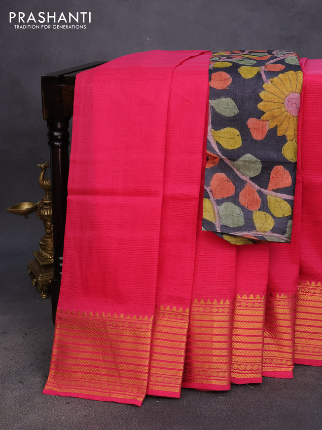 Mangalgiri silk cotton saree pink with plain body and zari woven border & hand painted kalamkari blouse