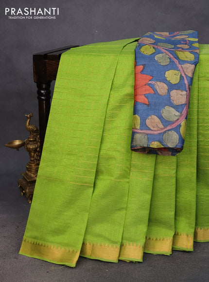 Mangalgiri silk cotton saree light green and blue with allover zari checked pattern and zari woven border & hand painted kalamkari blouse